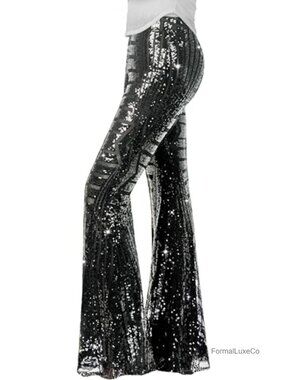 Sequin Flare Pants High Waisted Bell Bottom Trousers Disco Party Clubwear